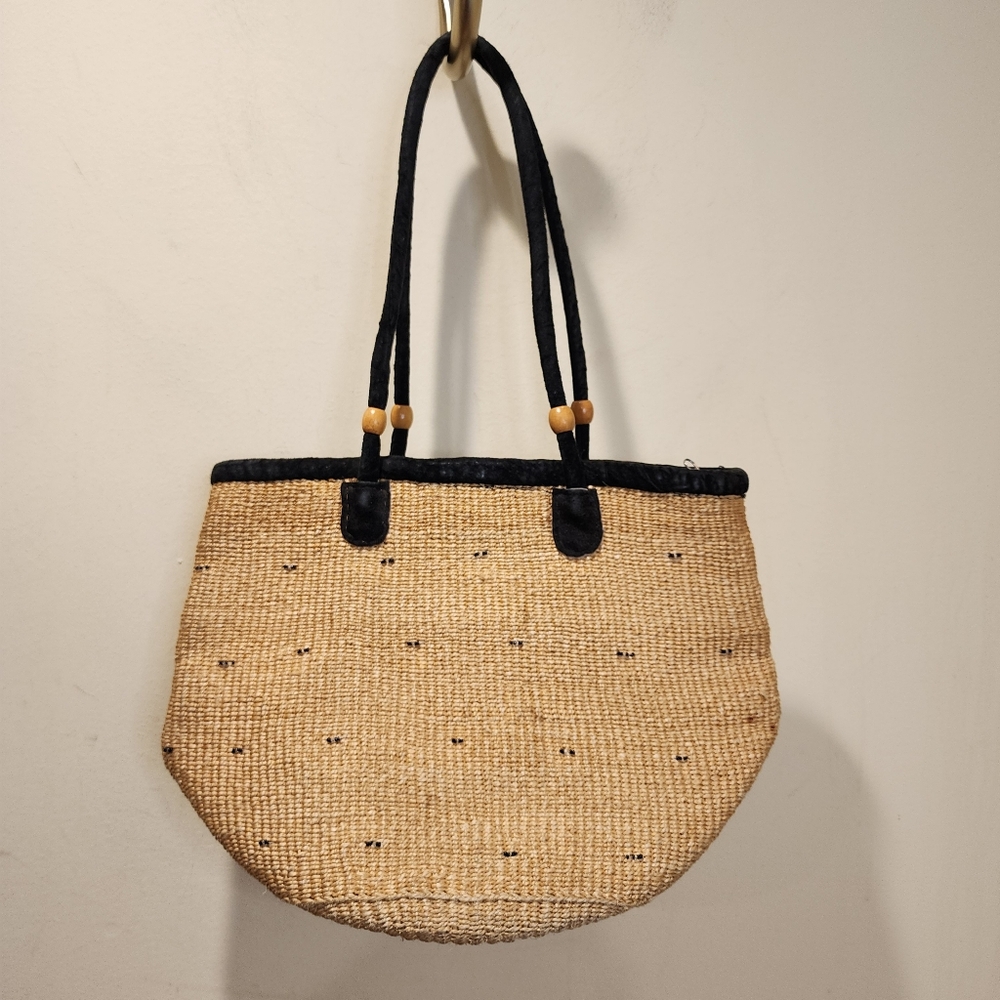 Woven Straw Tote Bag with Black Trim